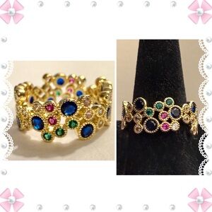 Ring - sz 7-7.25 - gold tone band - blue white pink green crystals - new - BOGO